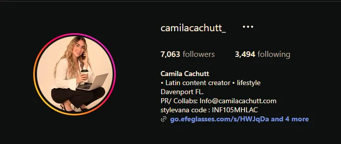 Perfil de Instagram de Camila Cachutt mostrando 7,063 followers