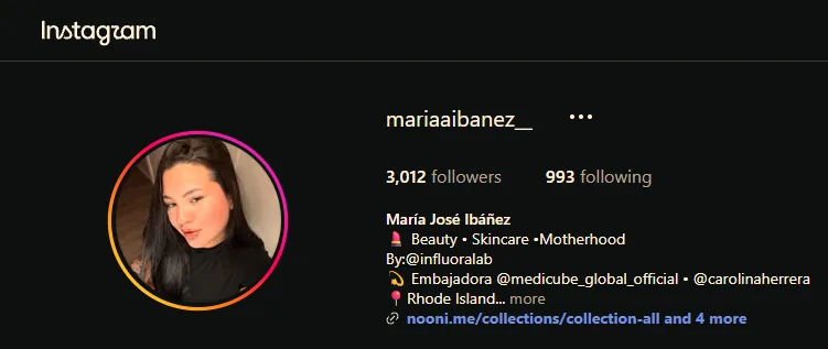 Perfil de Instagram de Maria Ibanez mostrando 3,012 followers